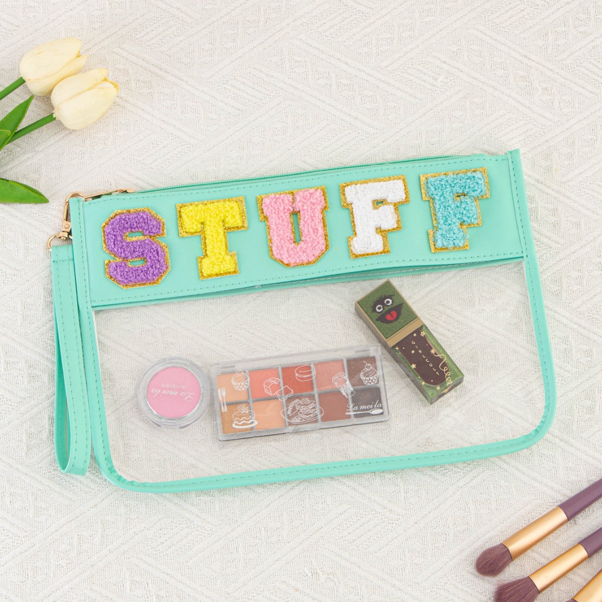 Snack Storage Bag Transparent Pvc Zipper Embroidery Lettered Make-up Bag