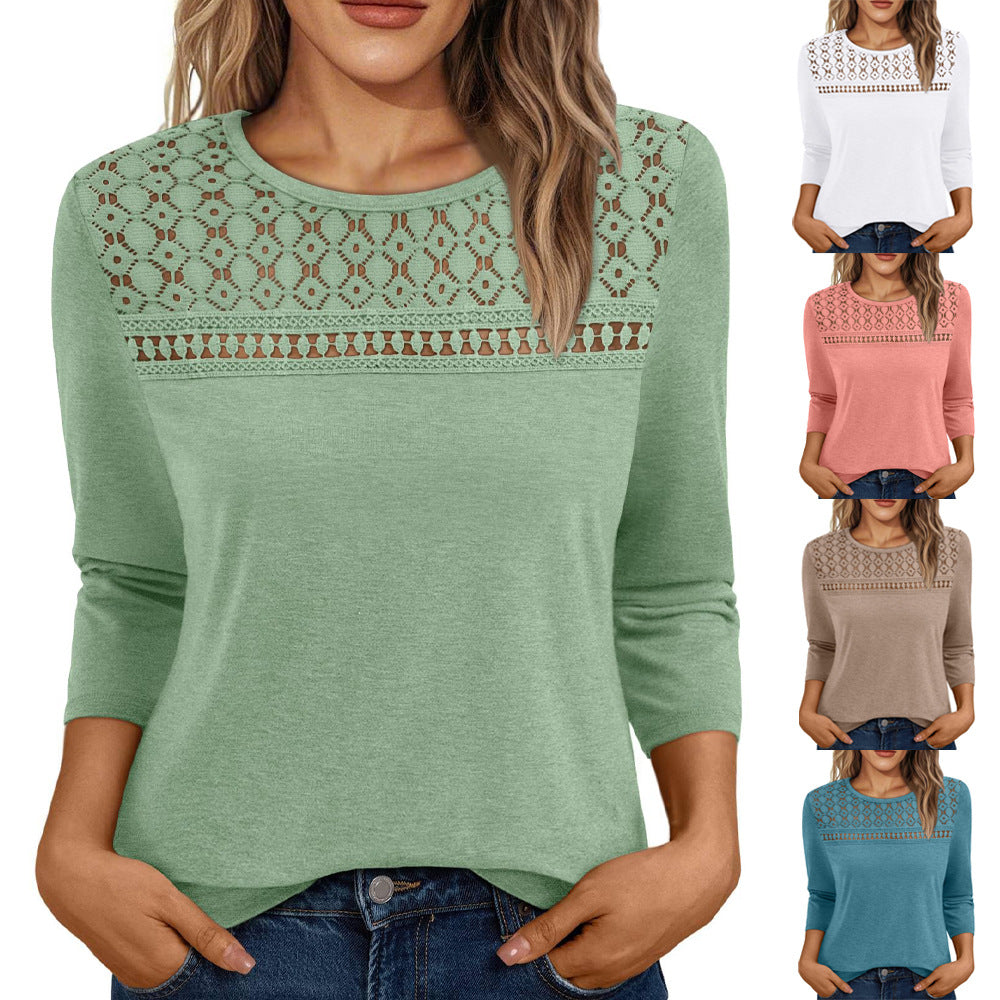 Women's Round Neck Top Lace Hollow Breathable All-match Long Sleeve