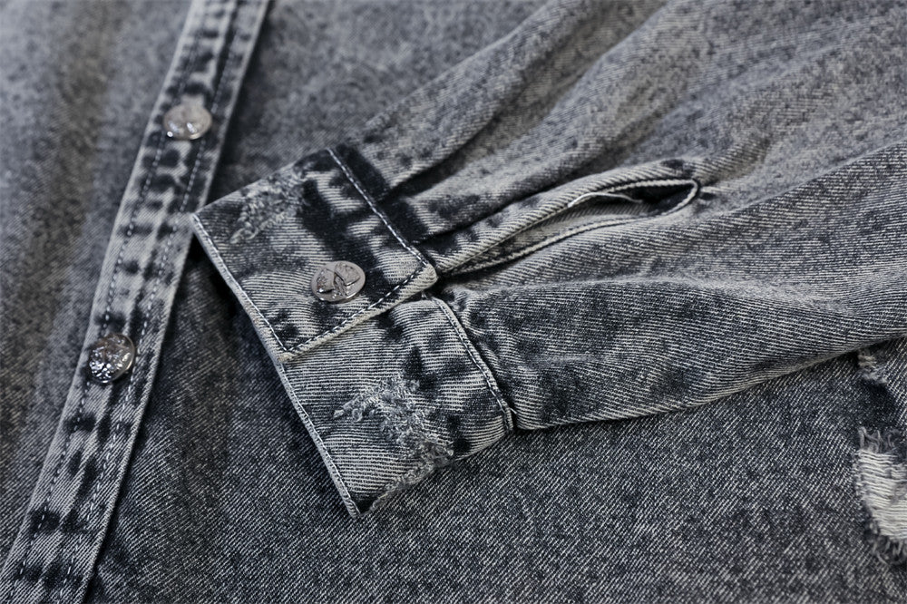 Washed And Worn Worn Hole Denim Shirt Jacket