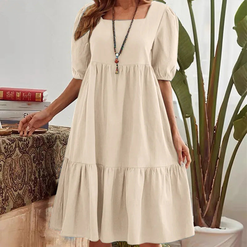 Halter-neck Pleated Short Sleeve Cotton-linen Dress