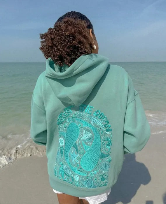 Sweater med hætte, print, drop-shoulder og lange ærmer til sport og hverdag