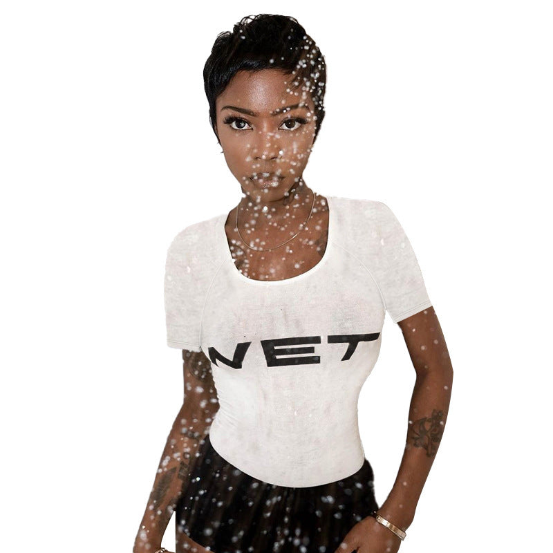 Hot Girl Bare Midriff Slim Fit T-shirt Short Sleeve Printed Thin