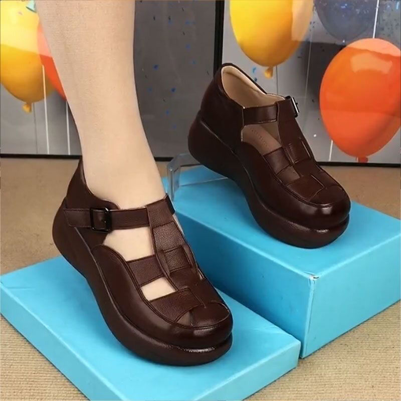 Summer Soft Bottom Platform Women's Muffin Platform Shoes Genuine Leather Roman Sandals Flat All-match