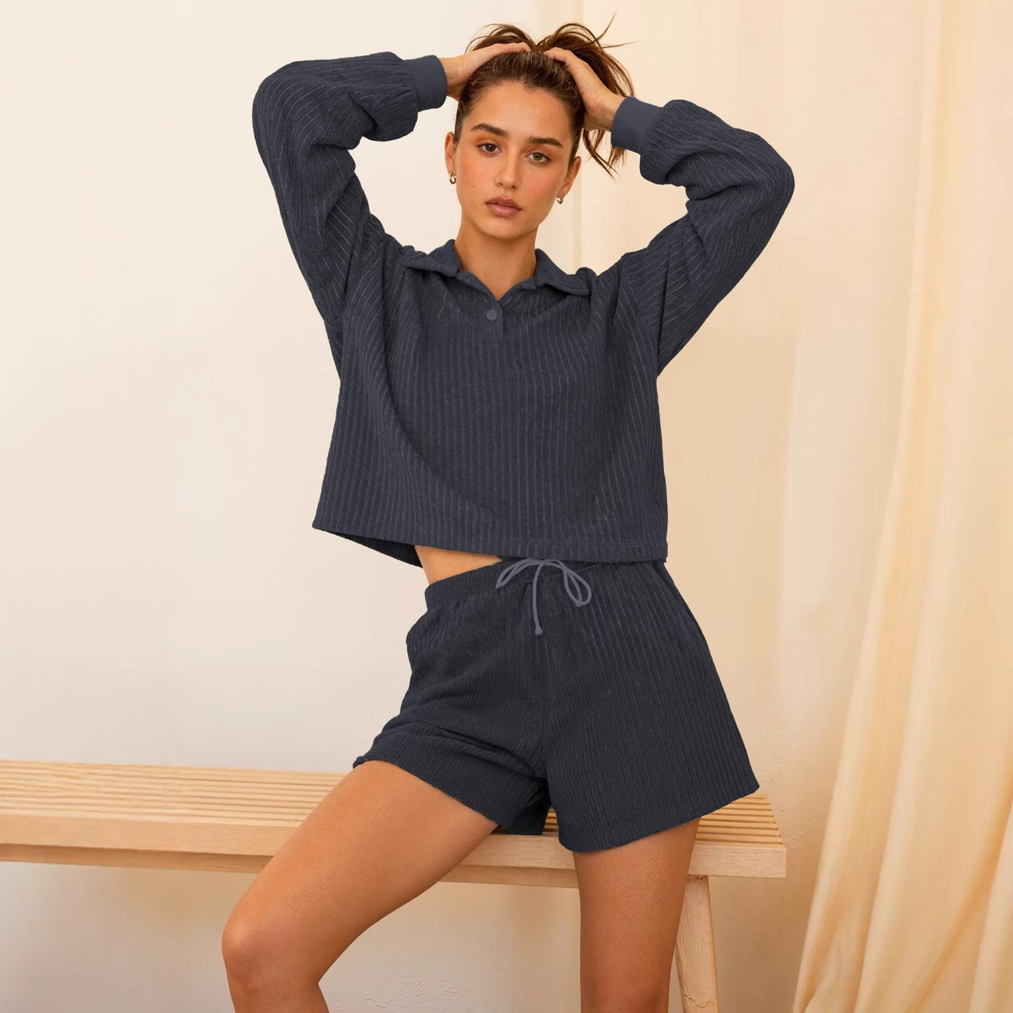 Womens Striped Slim-Fit Long-Sleeve Top And Shorts Set For Sports