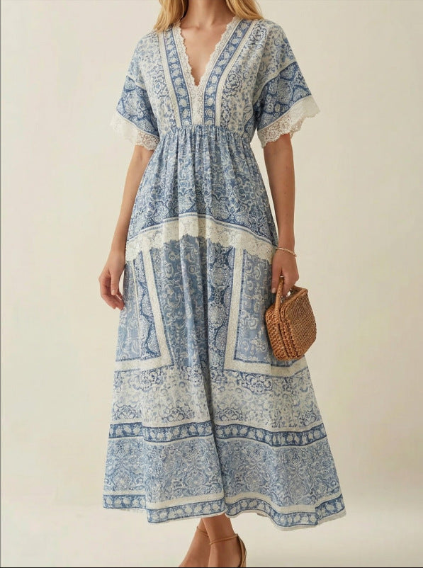 Chic V-neck Printed Waist-Cinching Short-Sleeve Womens Dress