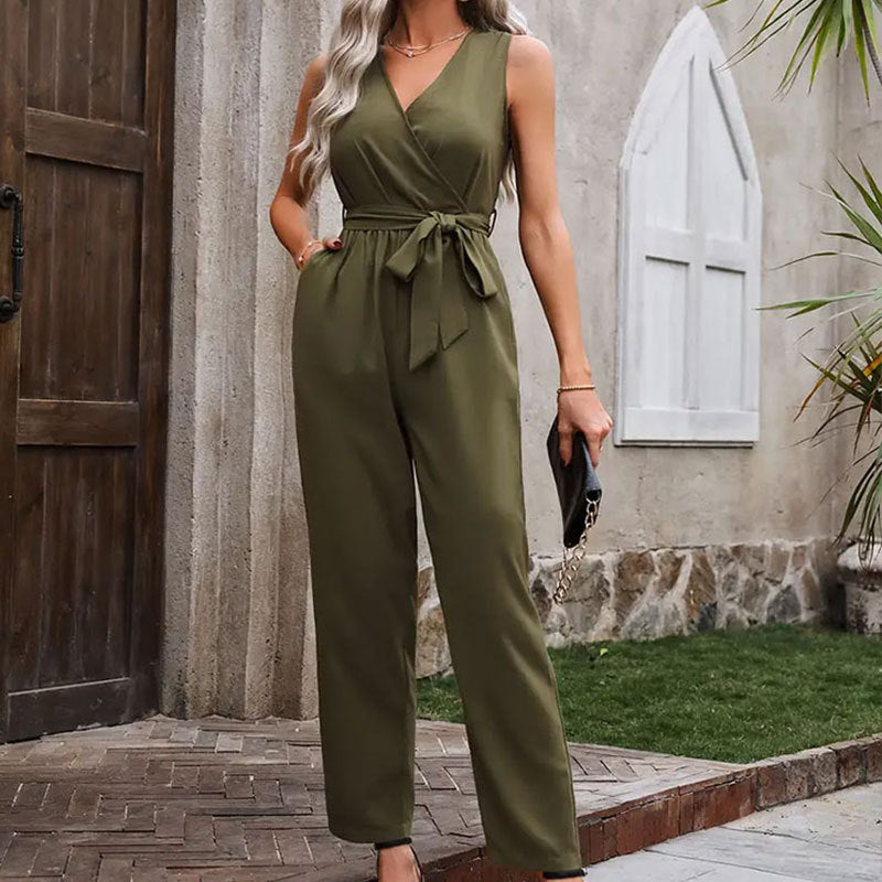 Elegant Commuter Sleeveless Cross Collar Waistline Lace-Up Jumpsuit