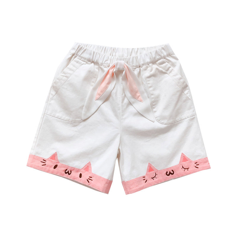 Embroidered bow tie elastic waist casual shorts