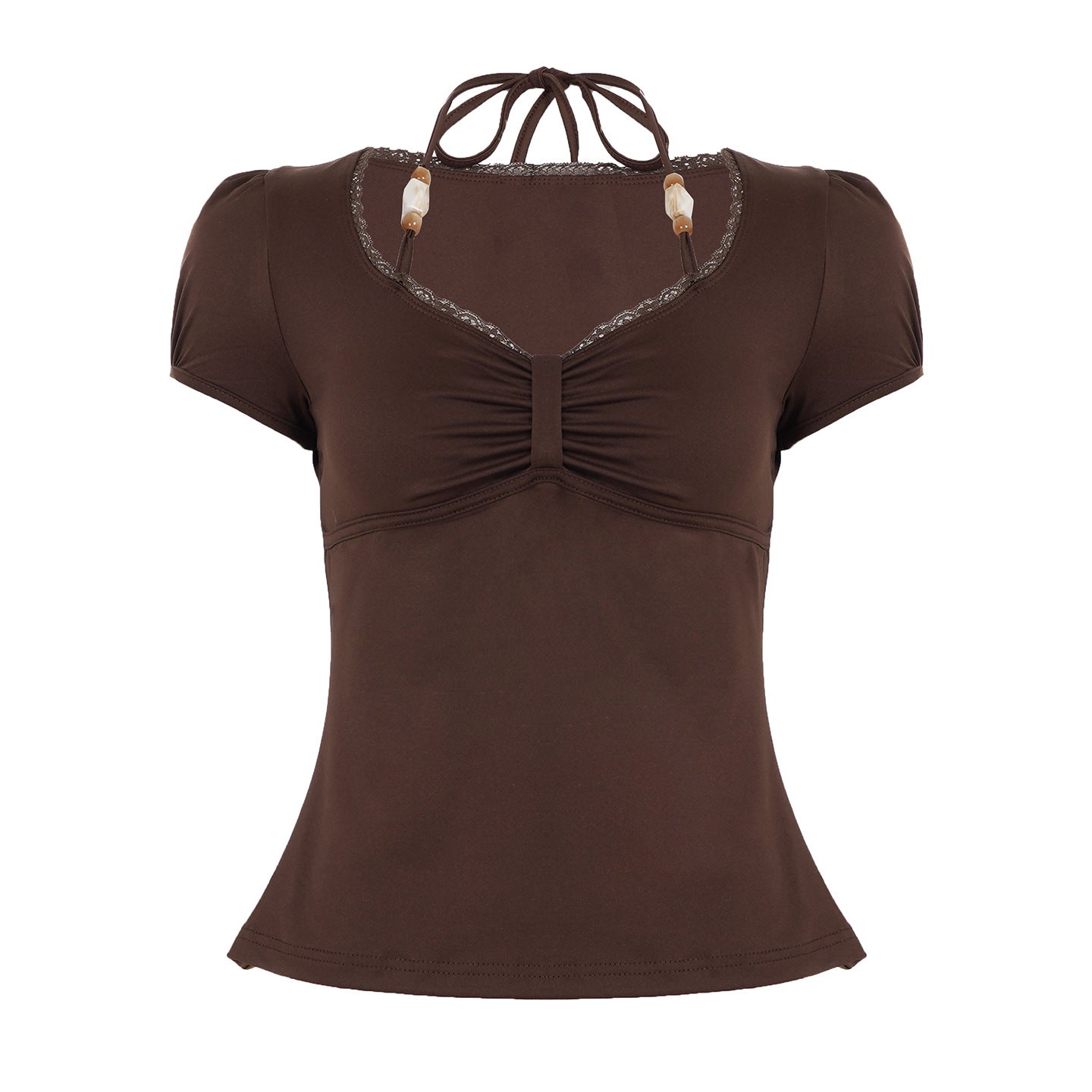 Retro Slimming Beaded Short-sleeve Top For Girls