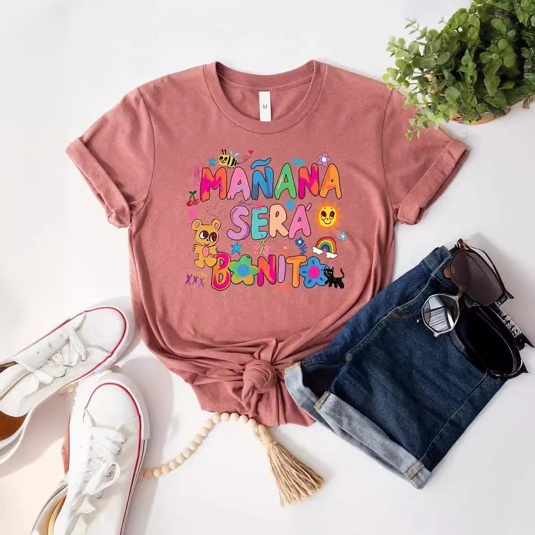 Round Neck Bear Letter Pattern Printed Short Sleeve