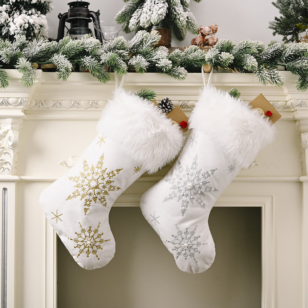 Flannel Pearl Snowflake Christmas Stocking White