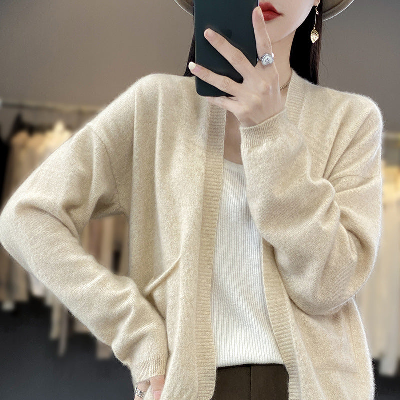 Spring And Autumn New Cardigan Solid Color And V-neck Thin Loose Slimming And All-matching Coat With Pocket