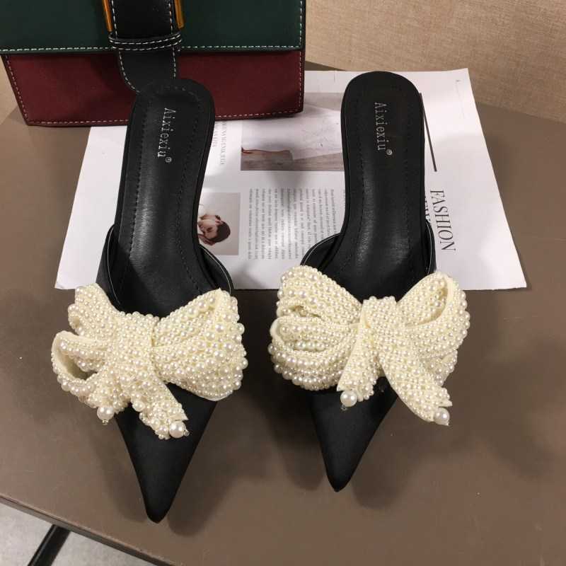 New Net Red Pearl Rhinestone Bow Stiletto Sandals