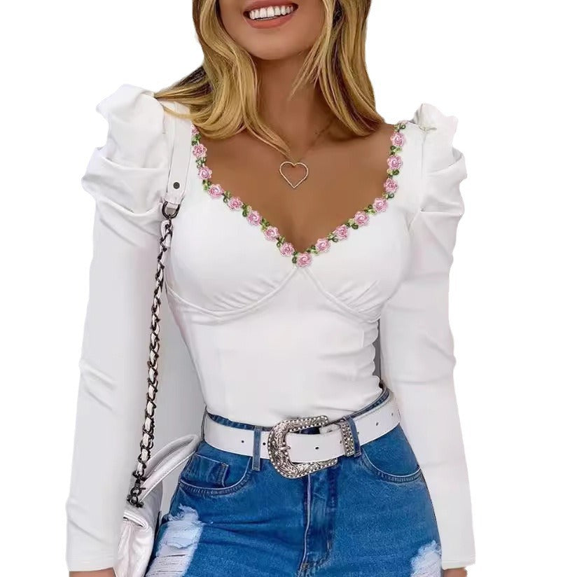 Women'S Lace Ribbon Decorative Puff Sleeve Long Sleeve Top