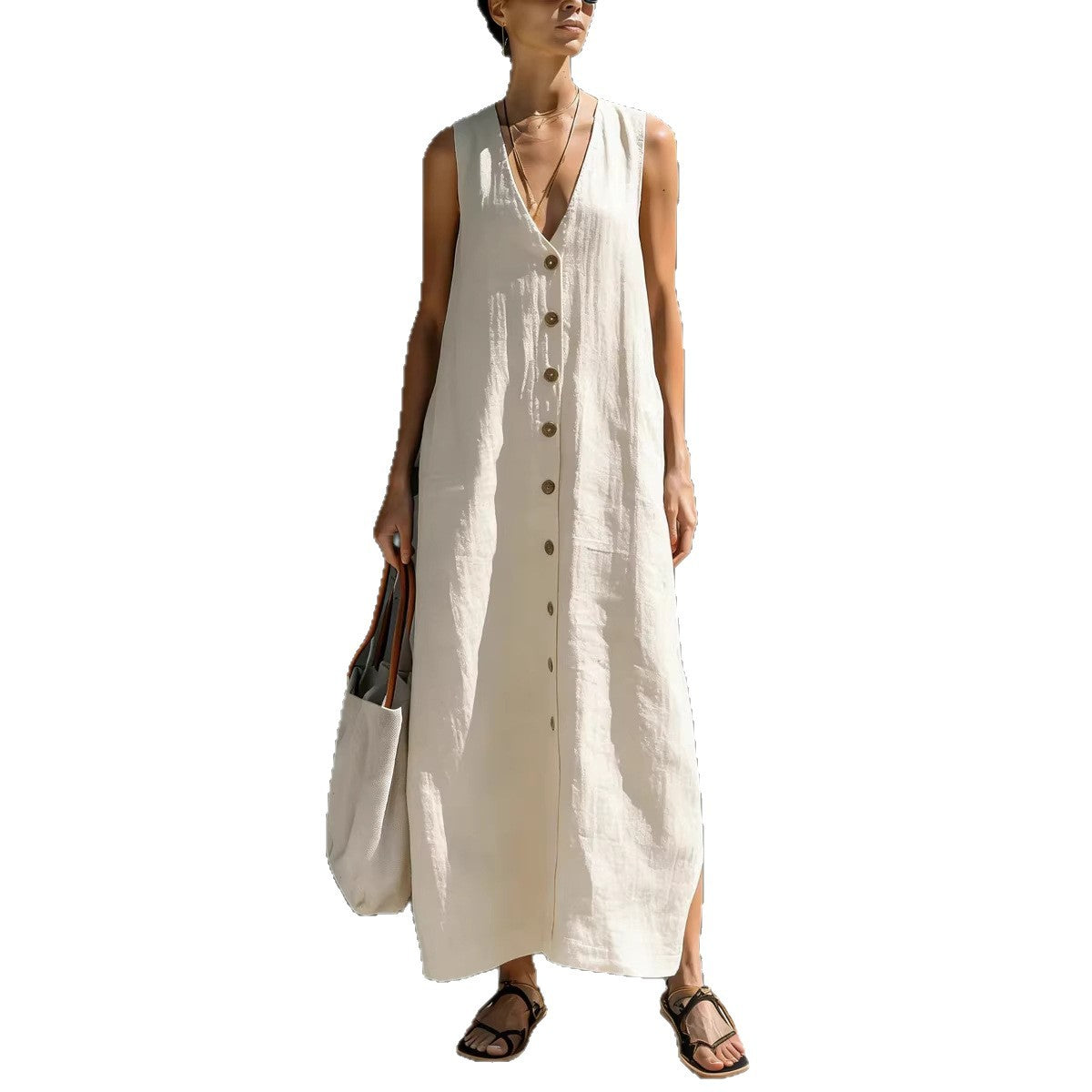 Womens Simple Cotton-Linen V-Neck Buttoned Sleeveless Loose Long Dress