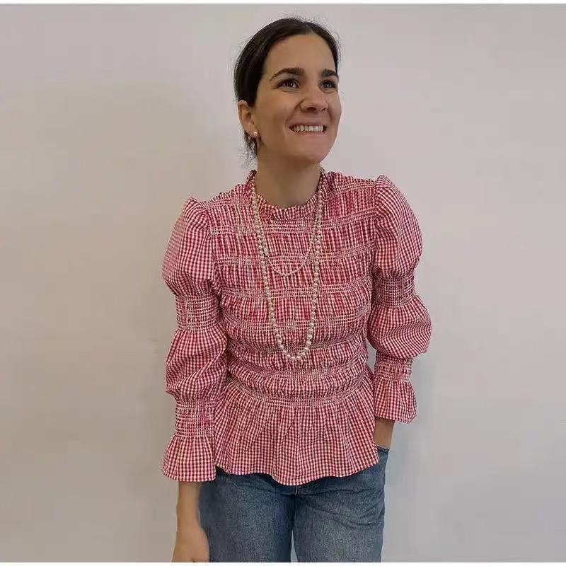 Plaid-printed Pleated Crew-neck Long-sleeve Slim-fit Women's Top