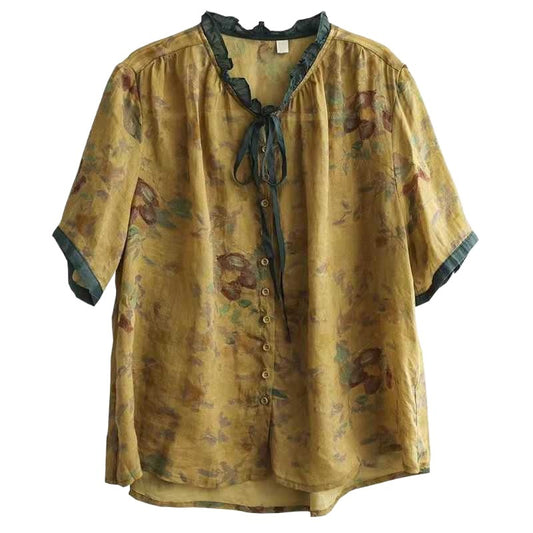 Vintage Ramie Printed Shirt Lace-up Lace Collar Top Single-breasted Loose