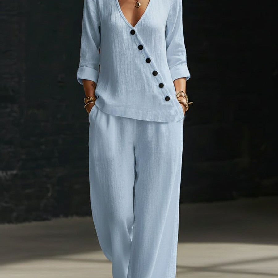 Loose-fitting V-neck Cross-over Shirt And Wide-leg Pants