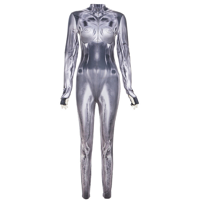Women's Fashion Casual Long Sleeve Digital Printing Slim Fit High Top Sports Jumpsuit