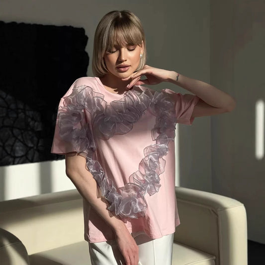 Hjerte Organza Plisseret Patchwork Rund Hals Løstsiddende Top i Ren Bomuld