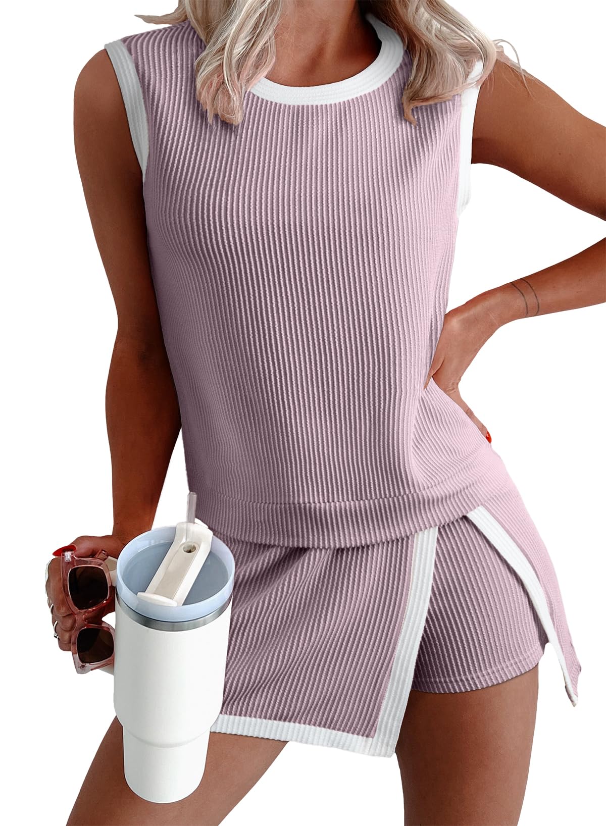 Ribbed Sleeveless Top Shorts Set Women Summer Casual Two Piece Outfit 1Set