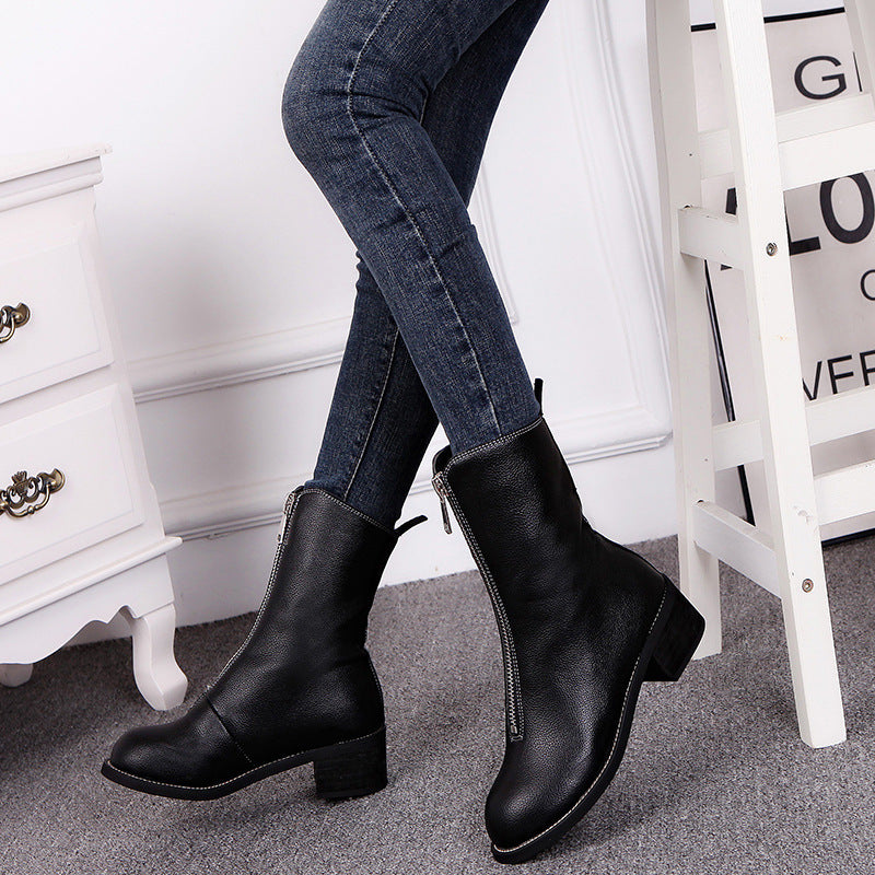 Flat Mid-Tube Soft Leather Front Zipper Single Boot