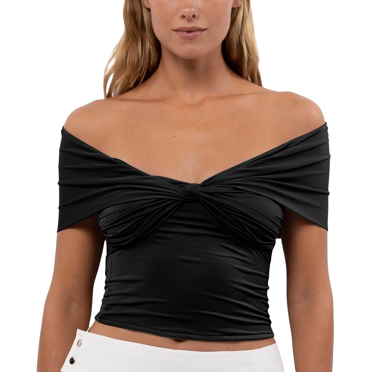 Ensfarvet ærme, off-shoulder, plisseret, stram, kort top