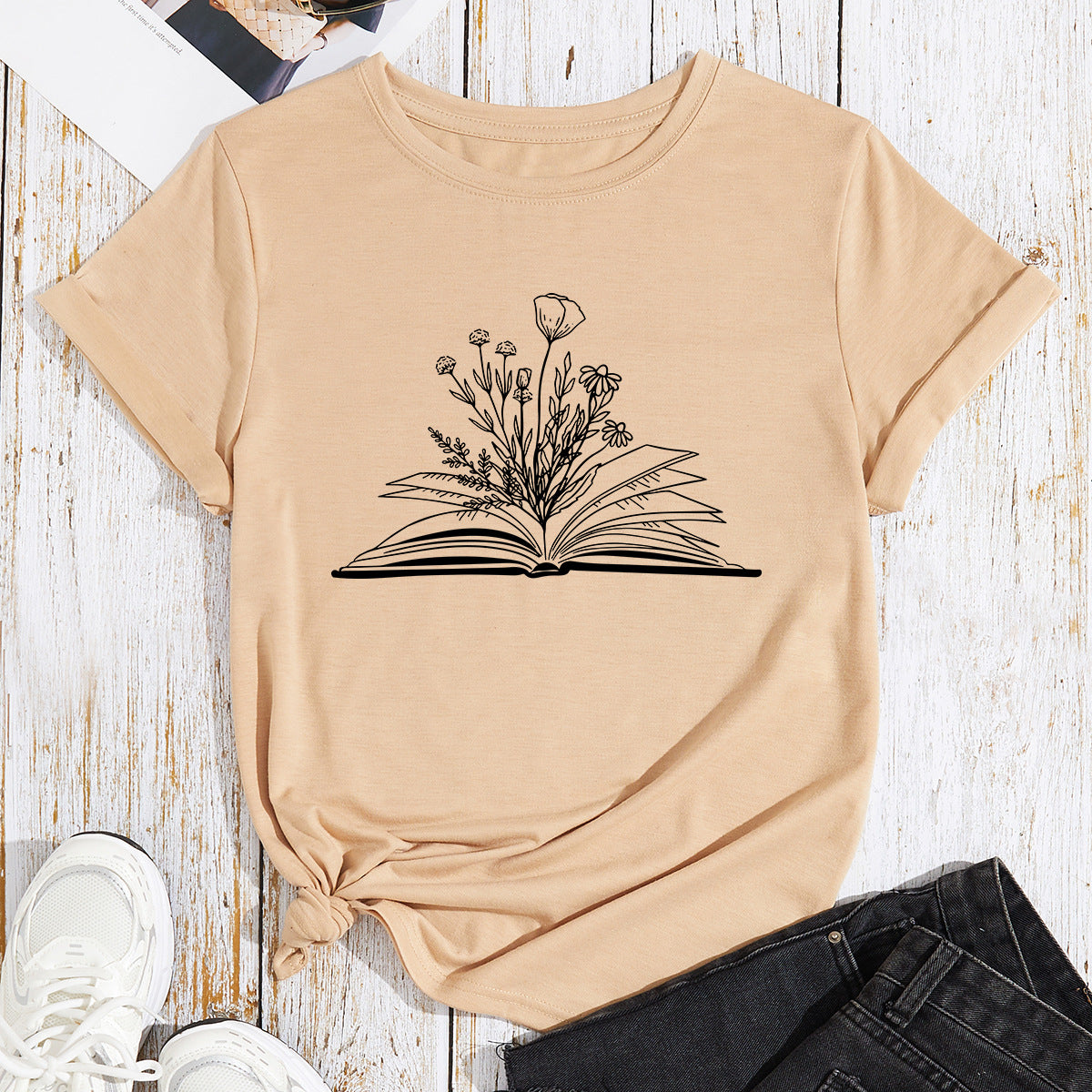 Dame blomsterbogtryk løs bomuldslignende T-shirt med rund hals og korte ærmer i store størrelser til kvinder
