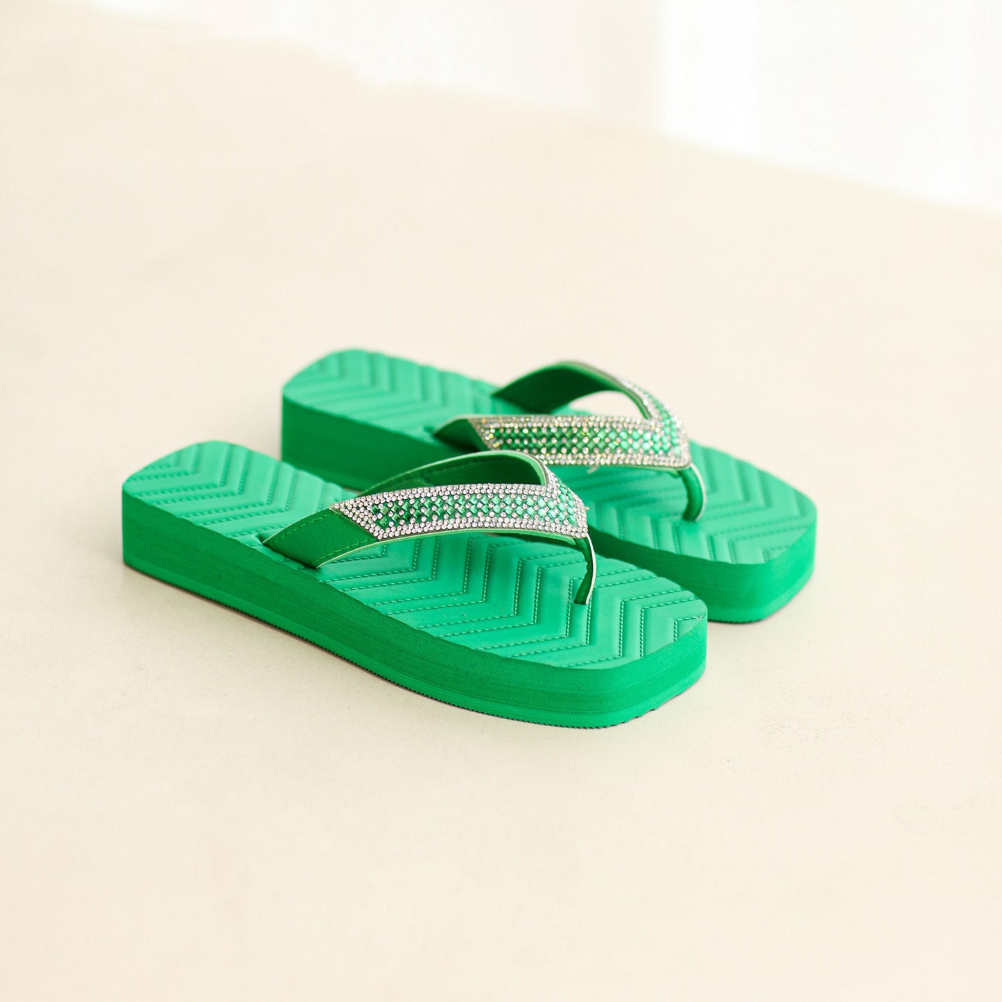 Square Head Clip-on Sandals Thick Bottom Rhinestone Flip Flops