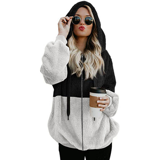 European And American Long Sleeve Zipper Hooded Color Women's Sweater Jacket