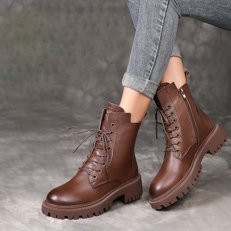British Thick-soled Lace and Velvet Mid-cut Knight Boots
