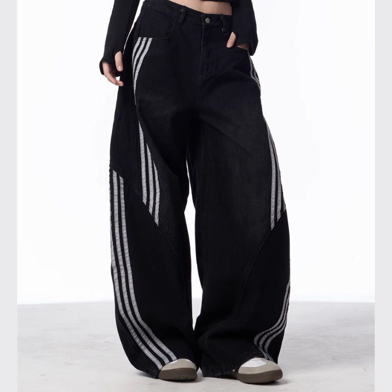 Retro Washed Jeans Women's Striped Stitching Wide-leg Pants