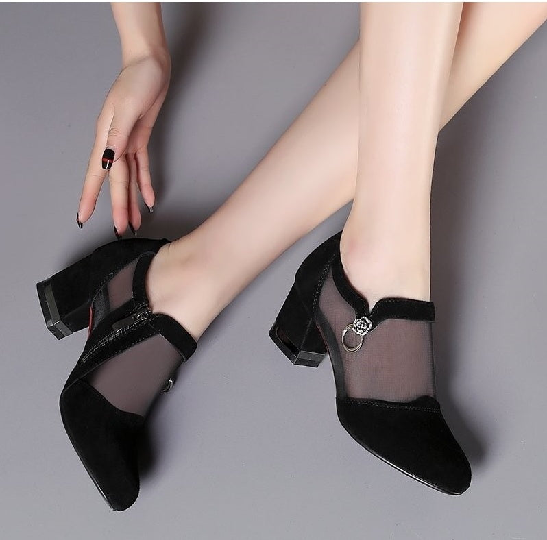 Mesh pointed toe zipper high heel women's shoes