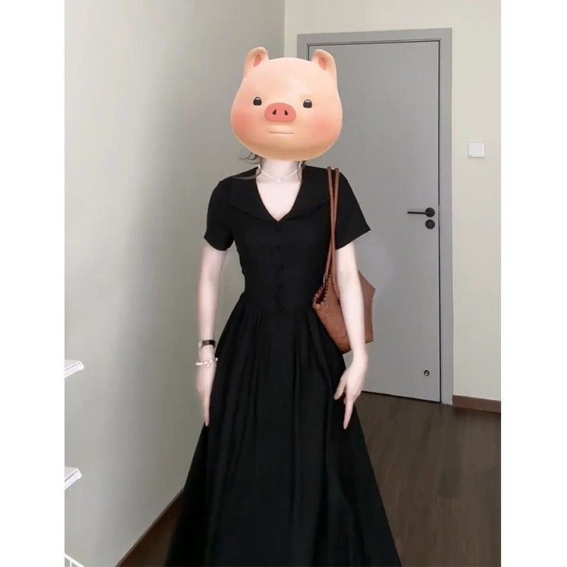Womens Fashion Lapel Collar Retro Defined Waist Short-Sleeve Dress