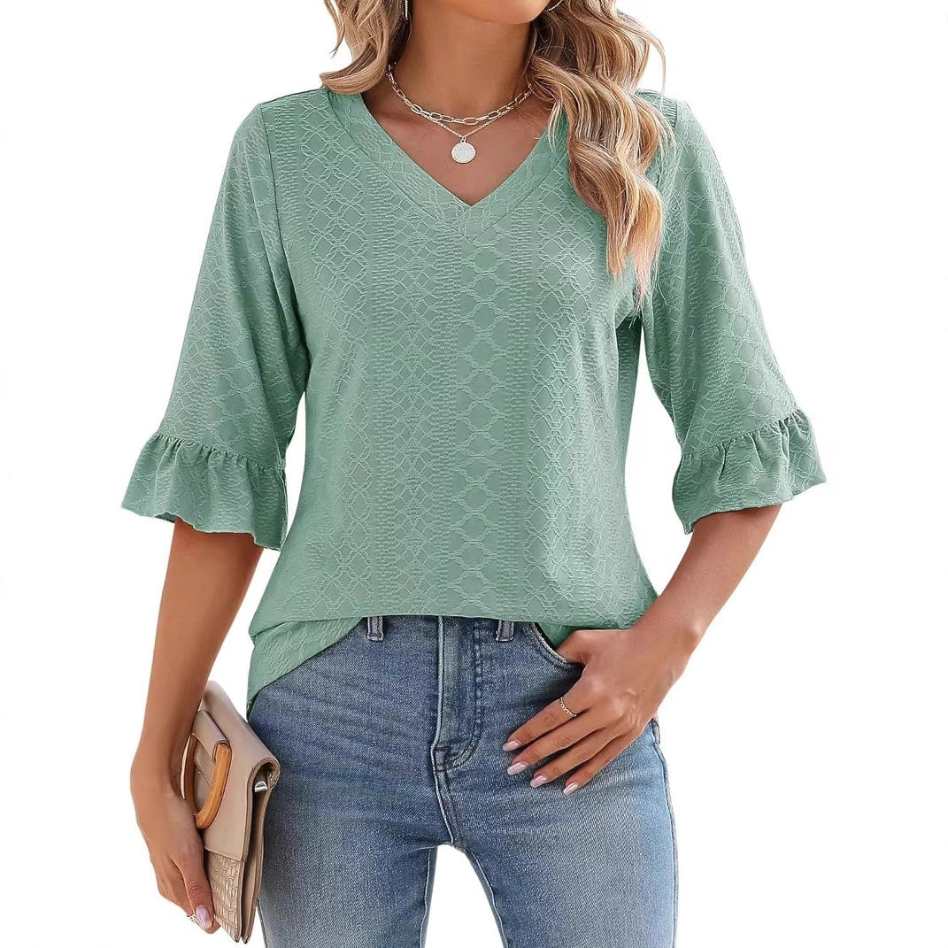 Women's Printed Hollow Ruffle Sleeve Casual Short-sleeved Top