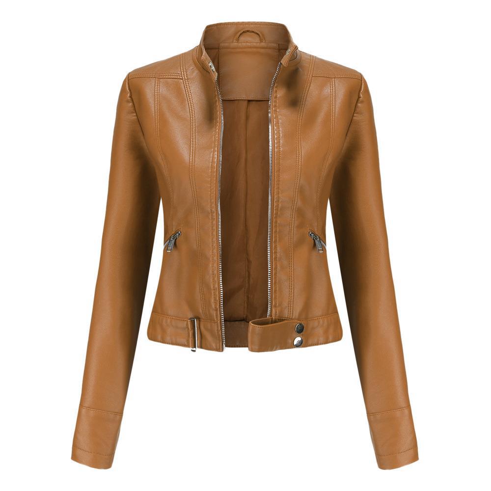 Veste courte en cuir pour femme avec col montant, fine