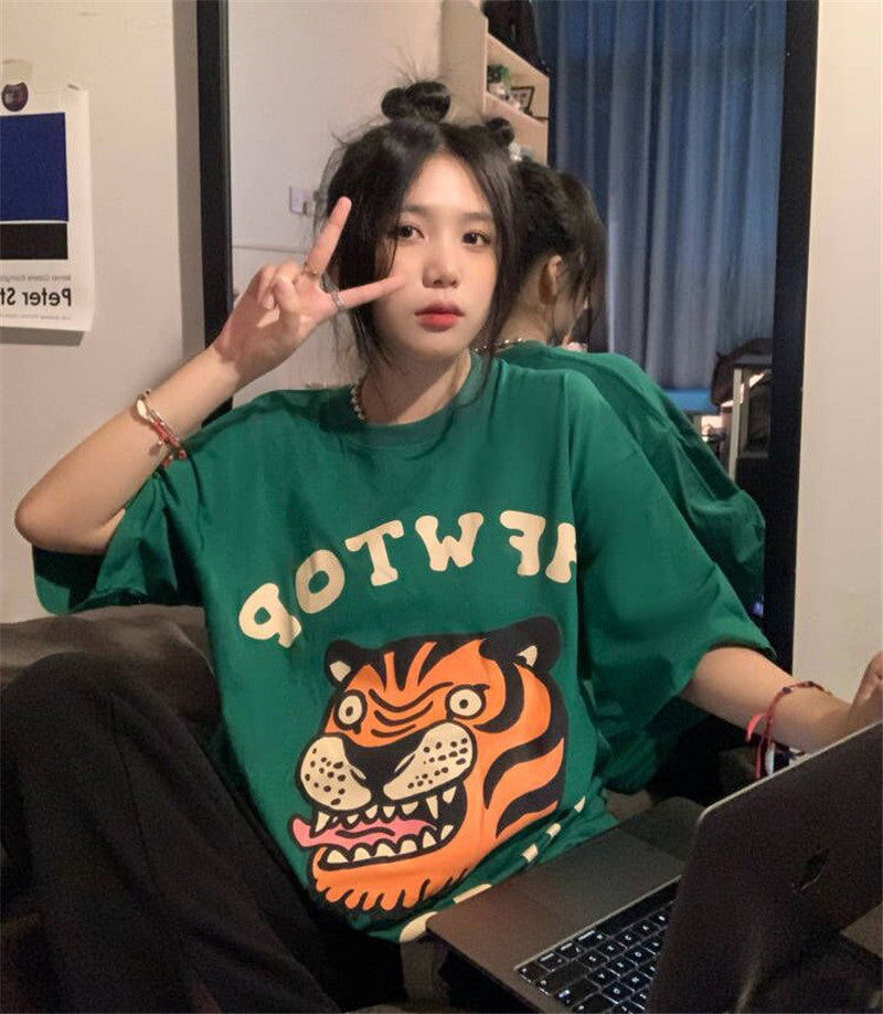Striped Cotton Loose Fitted Crewneck Lettering Short Sleeve T-Shirt