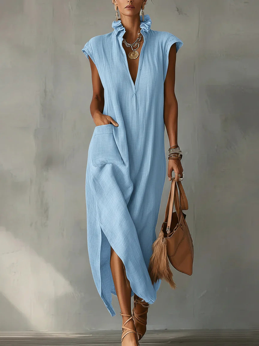 Women's Cotton-Linen Sleeveless Solid-Color Dress