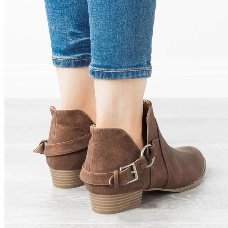 Ladies' Leather Boots With Low Tube Belt Buckle