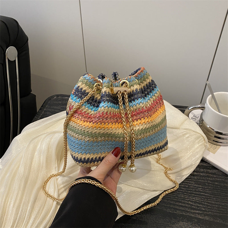 Beach Bag, Chain Bag, Women's Shoulder And Crossbody Bag, Diamond-embellished Bucket Bag