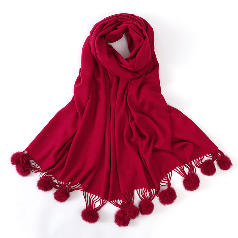 Pure color rabbit fur ball cashmere scarf