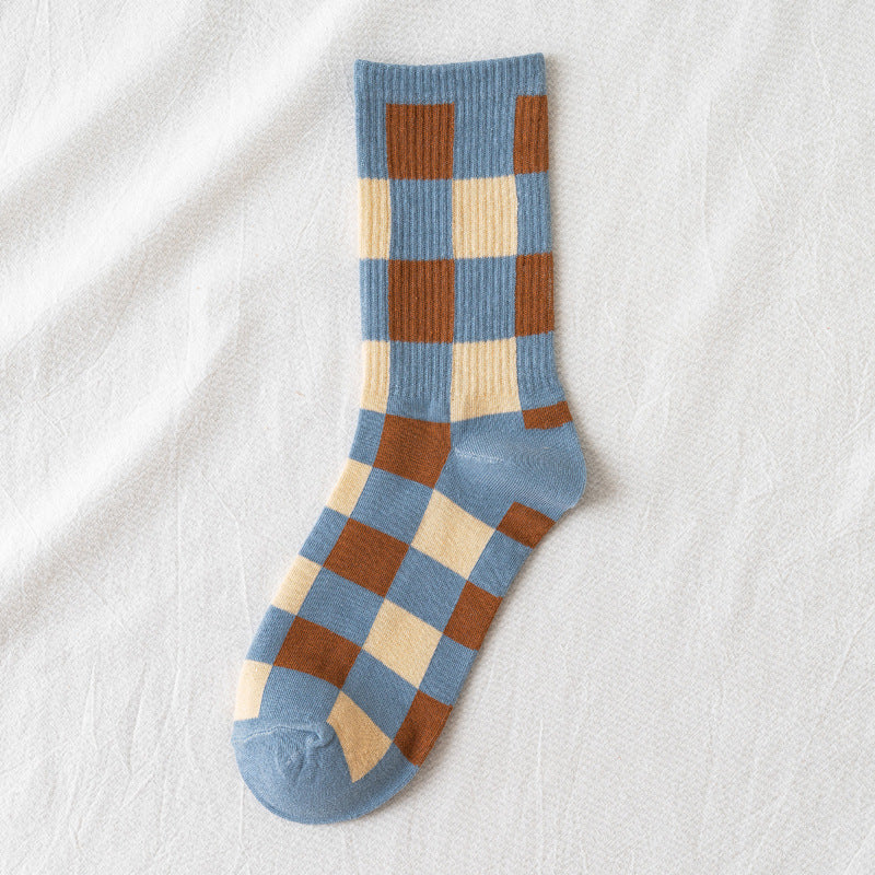 Blue British Check Stripe Women's Cotton Socks