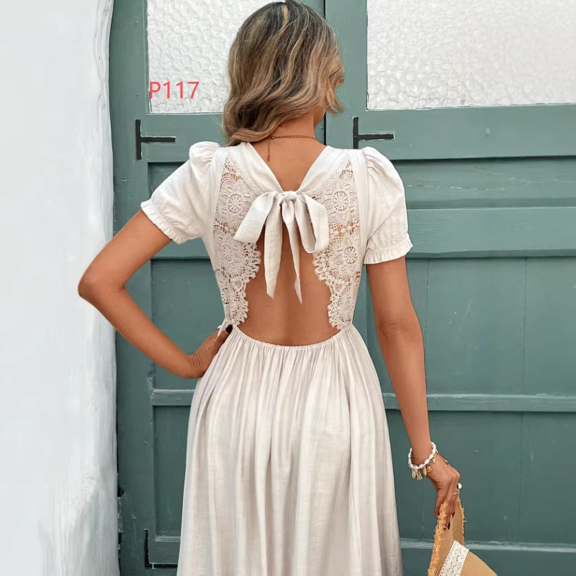 European And American V-neck Casual Backless Dress