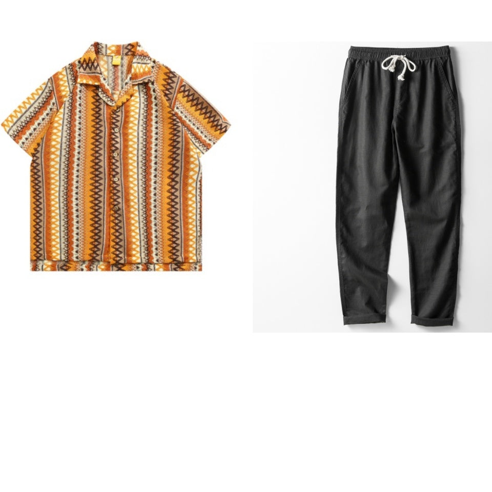 Ethnic Style Woven Contrast Color Cuban Collar Shirt