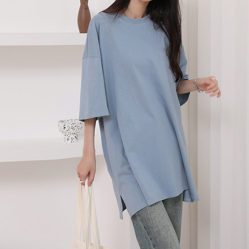 Summer Pure Cotton T-shirt Side Slit Casual