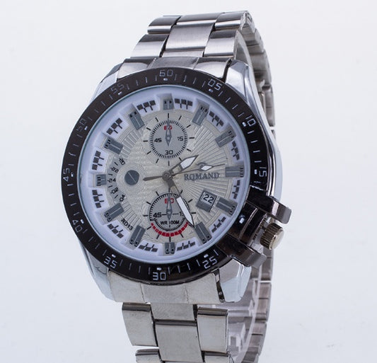 High grade fashionable steel belt, men's sports quartz watch, calendar, false three eye dial, foreign trade popular Watch