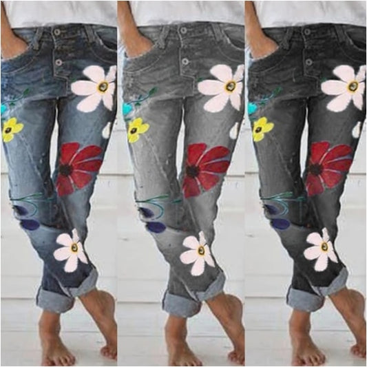 Printed denim trousers