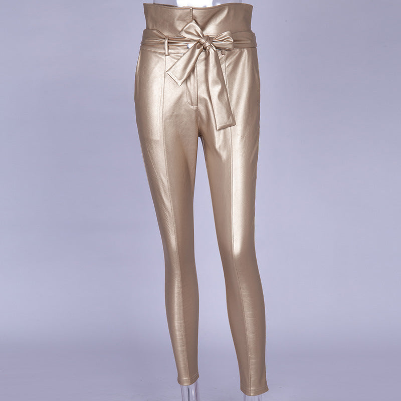 PU bright leather stitching casual tights