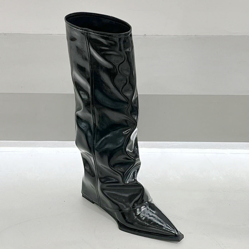 Wedge Pants Boots High Leg Pointed Toe Black Patent Leather Fried Street