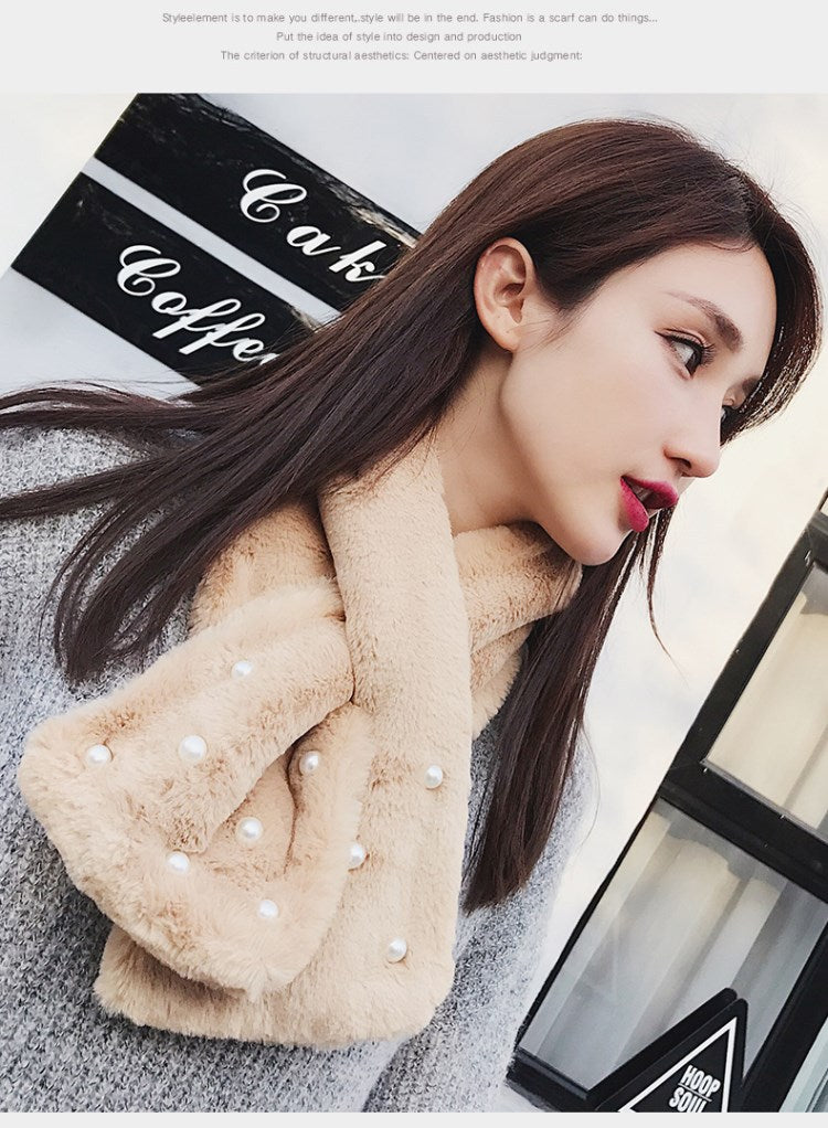 Rabbit Hair Imitation Pearl Scarf Thickened Warm Rabbit Hair Collar