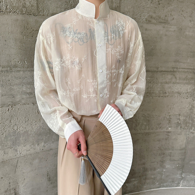 Arrival Slightly Sheer Three-Dimensional Floral Design Mandarin-Collar Long-Sleeve Shirt